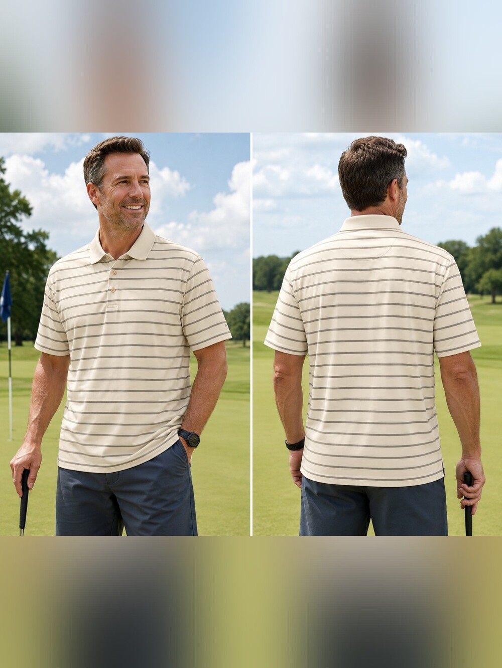 Grand Slam Men's Golf Polo Size L Cream & Black Stripe Short Sleeve #M-173